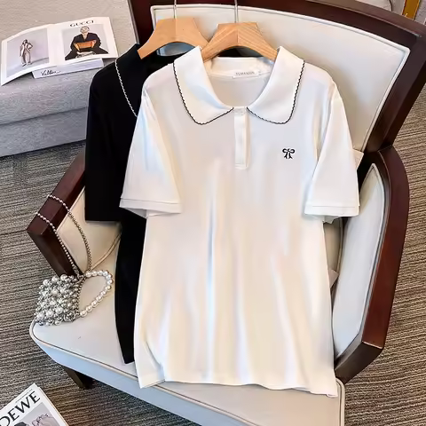 170Kg Plus Size Women's Bust 170 Summer Loose POLO Collar Top Short Sleeve T-shirt Black White 4XL 5