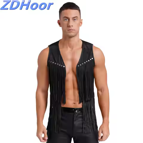 Mens Faux Suede Tassel Vest Western Cowboy Vest Fashion Rivets Fringe Waistcoat Open Front Sleeveles