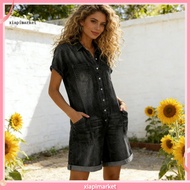 XIA| Women’s Denim Romper Jumpsuit Short Sleeve Button-down Jean Overall with Pockets Cuffed Hem Cas