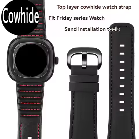28mm High qualiuty Cowhide Leather watch strap men Soft skin strap black black red line watchband Fo