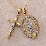Jesus Cross Pendant Catholic Virgin Mary 18K Gold Necklace Cross Necklace