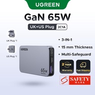【US+UK+EU Plug】UGREEN 65W 3-Port Nexode Pro GaN Ultra-thin USB A USB C Fast Travel Charger for MacBo