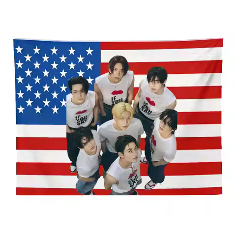 Enhypen USA Flag Tapestry, Kpop Concert Wall Hanging, American Tour Photo Print Decor for Bedroom Do