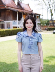 เสื้อผ้าฝ้ายคอบัวทูโทนแต่งลายไทย แขนกลีบบัวน่ารัก