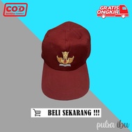 MERAH MINIMAL Plain Red Elementary School Hat with Embroidered Logo and Adhesive Back / Red Elementa