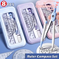CHIHIRO1BFT8 8PCS/Set Ruler Compasses Set, Transparent Straight Ruler Protractor, High Quality Erase