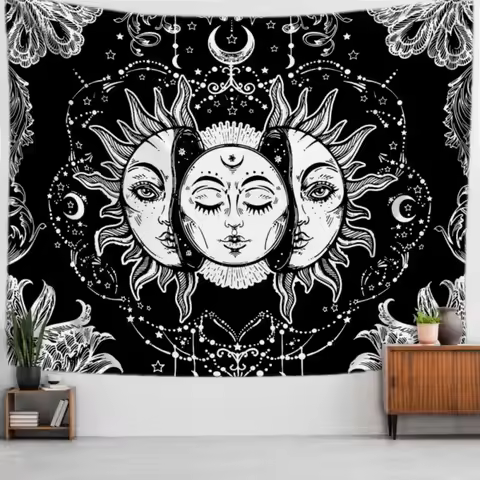 VIKAMA Mysterious Divination Sun Face Print Tapestry Boho Style Living Room Bedroom Home Decoration 