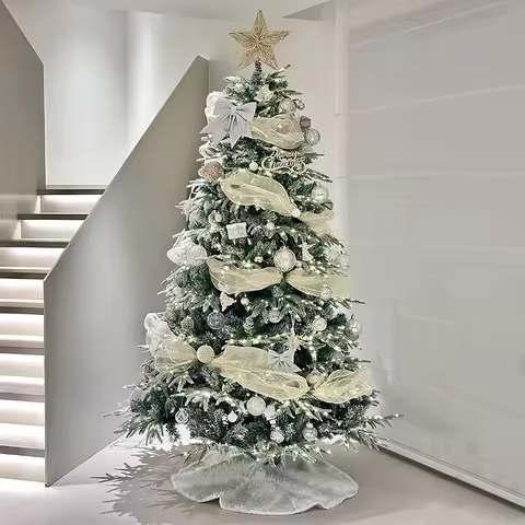 White Christmas Tree Set 1.5/1.8/2.1M Flocked Dense Snowy Xmas Tree Home Holiday Scene Decor Living 
