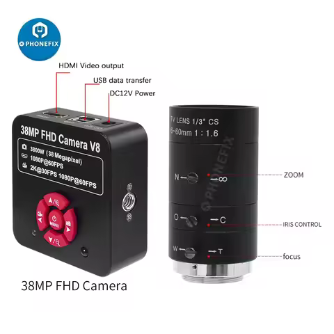 38MP HDMI Camera 1080P 3800W HD 60FPS 2K Industry C/CS-Mount Camera Live Streaming Webcam with 6-12m