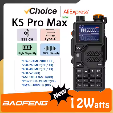 Baofeng Walkie Talkie K5 Pro Max 12W UHF VHF High Capacity Six-Band NOAA Long Range Noise Reduction 