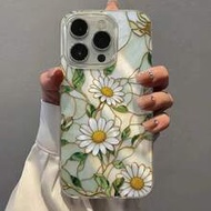 Yusha E-Style Chrysanthemum Embossed Line Leaf Painted Shockproof Phone Case Compatible With Ip14,Ip