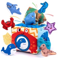 Baby Toys 6-12 Months–Mystery Soft Box with 7 Plush Marine Animals,Crinkle Paper & Mirror–Montessori