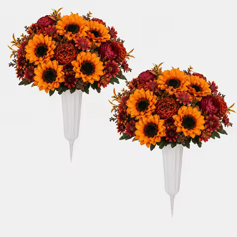 Artificial Cemetery Flowers with Vase Artificial Sunflower Bouquet for Graveyard Memorial Flowers Ce