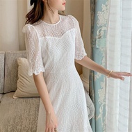 Special Price Flash Sale Lace Jacquard Elegant Sweet White Long Dresses for Women 2023 Summer Fairy Short Sleeve Slim Maxi Dress Robe Femme