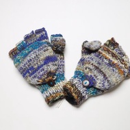 藍色漸層條紋翻蓋手套海水配色純羊毛線手工編織搖粒絨全內襯保暖