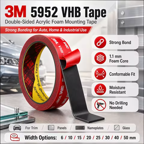 3M 5952 VHB Double Sided Acrylic Foam Tape 1.1mm Strong Bond Mounting Tape for Car Trim Metal Glass 