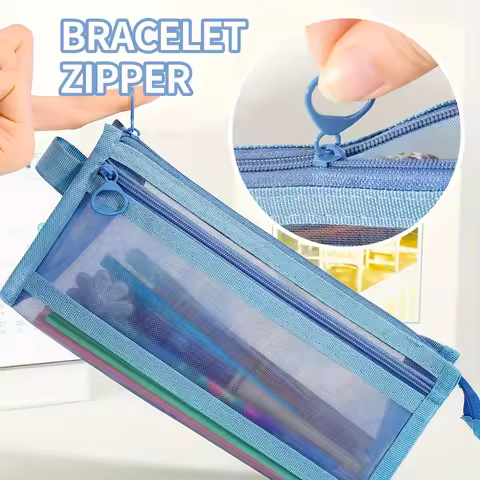 1 Patterned Mesh Pencil Case with A Handle and A Zipper, A Transparent Double-layer Pencil Box, Suit