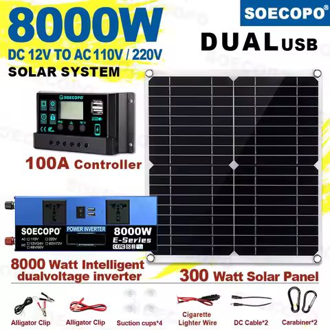 SOECOPO 8000W Solar System DC12V to AC110V/220V 100A MPPT Controller 300W Panel Intelligent Inverter