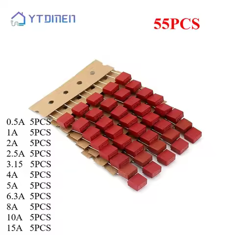 55PCS Square Fuse Components Kit 250V Fuse for Slow Blow Tube Fuse 0.5A 1A 2A 2.5A 3.15A 4A 5A 6.3A 