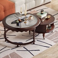 Retro Antique Round Solid Wood Black Combination Living Room Coffee Table American Tea Table Small A