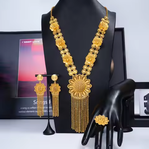 Wedding Luxury Floral Tassel Necklace Earrings Ring 3pcs Set For Bride Wedding Women 24K Gold AU999,