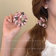 粉色花朵电话线发圈头绳女高端夏季丸子头扎头发皮筋Pink flower phone line hair loop headband for women, high-end summerjiumei14