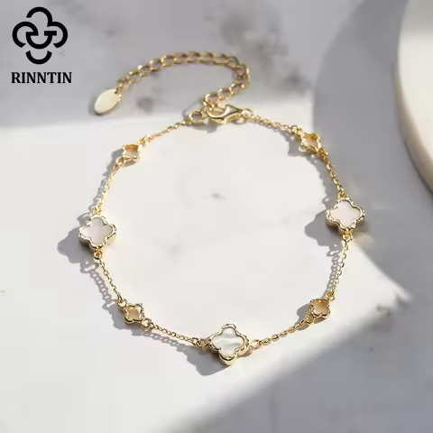 Rinntin New Design 925 Sterling Silver Lucky Four Leaf Clover Women's White Shell Bracelet Jewelry f