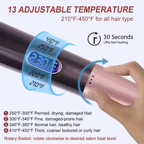 A98G-Rotating Temperature Control Tourmaline Hair Styler-Curler, Straightener& Waver With LCD Displa