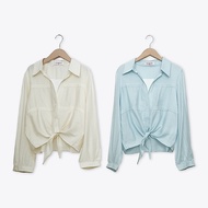 [CUMAR] Hem Tie Knot Buttoned Shirt Blue Apricot