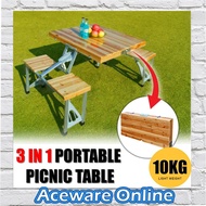 Wooden Foldable Picnic Table Meja Lipat With 4 Chairs Folding Adjustable Outdoor Camping