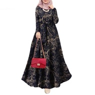 Korea Muslim Baju Kurung Raya New Women National Gown Printed with Flowers Retro Slim Gown Casual Lo