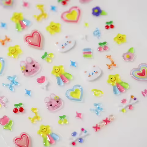 Jelly Design Bear Rabbit Stars Love Heart Cartoon 5D Embossed Reliefs Self Adhesive Nail Art Sticker