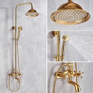 Polished Gold Brass Bathroom Shower Faucet Set Rainfall 8 Inch Shower Head Mixer Double Knobs Cross Handle Bathtub Hand Spray Tub Tap ZD3097