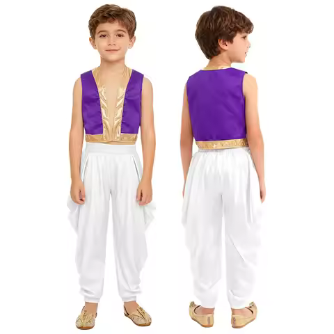 Boys Arabian Prince Fairy Tales Cosplay Costume Open Front Vest with Loose Dhoti Pants for Halloween
