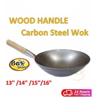 MLK 13"-16" DEEP SHAPE CARBON STEEL WOK/KUALI TOMYAM/KUALI BESI WITH WOOD HANDLE LOCAL