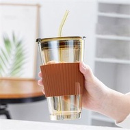 450ml 啡色咖啡杯連杯蓋吸管 環保玻璃杯 防燙自攜杯 隨行杯  [平行進口]