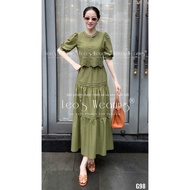 G98 LEOSWEARING Women's dress Set with short puff sleeves and military green flared skirt