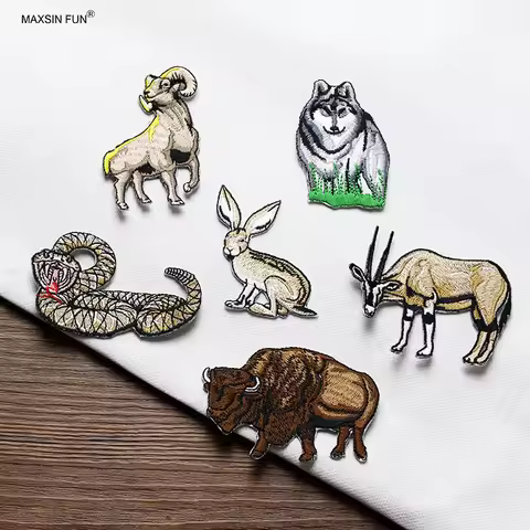1 Piece Iron on Patch Forest Animal Gazelle Rattlesnake Goat Bison Wolf Rabbit Stickers Clothes Bag 