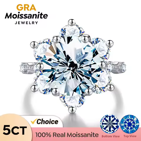 GRA 100% Real 5CT Big Moissanite Diamond Classical Sunflower Ring for Women Gift 925 Sterling Silver