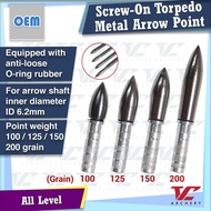 V Club Archery Screw-In Torpedo Arrow Point - Arrow Shaft ID6.2mm - 100 / 125 / 150 / 200 Grain