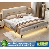 Wonzom Thin Headboard Bed Household Small Bedroom Soft-Padded Double Leather Bed Cream Style Platfor