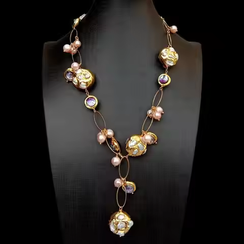 Y·YING Freshwater Cultured White Keshi Pearl Pink Pearl Purple Murano Glass Chain Pearl Y-Drop Neckl