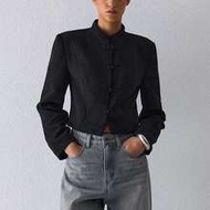 Women's Black Mandarin Button Cropped Blazer – Structured Short Jacket, Everyday Essential For Autum
