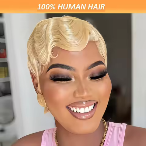 machine made human hair wigs wavy human hair short pixie cut human hair for women 6inch finger wave