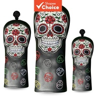 Painted Skull Golf Club Head Cover Black PU Leather Wood Club Protective Cover Embroidered Floral Sk