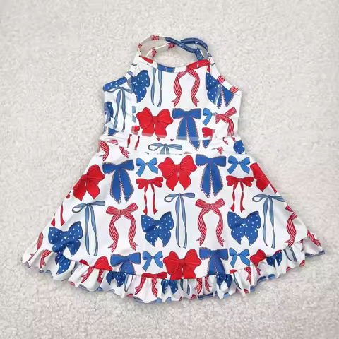 Wholesale Toddler Knee Length Ruffle Dress Infant Kids Skirt Shorts July 4th Bows Clothes Baby Girl 