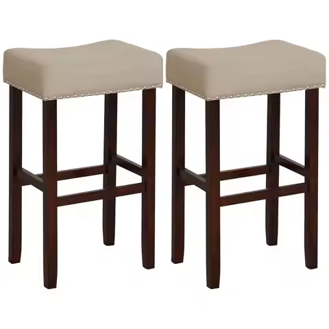 29.5" Bar Height Bar Stools Set Of 2 - Backless Saddle Barstools With Nailhead Linen Foam Seat, Max 