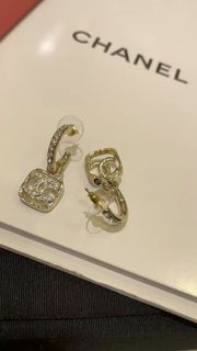 頂級版小香23P滿鑽雙C鏤空方塊吊墜耳釘耳環