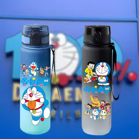 Doraemon Cartoon Gradient Water Bottle Flip Top Portable Sports Cup with Lanyard Anime Fans Kids Gif