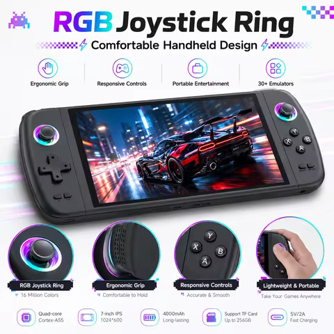 2026 New 7 Inch IPS Handheld Game Console Linux Quad-Core Cortex-A55 RGB Rainbow Joystick 4000mAh 50